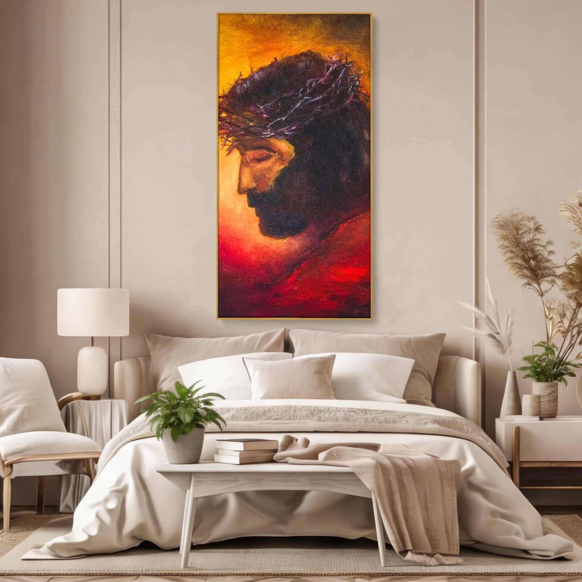 Tablou canvas cu tablou canvas cu isus purtand coroana, in rama de aluminiu auriu, pe perete intr-un dormitor